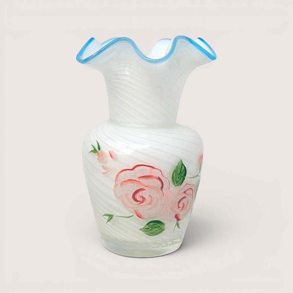 1970s Fenton White Swirl Glass Painted Rose Vase